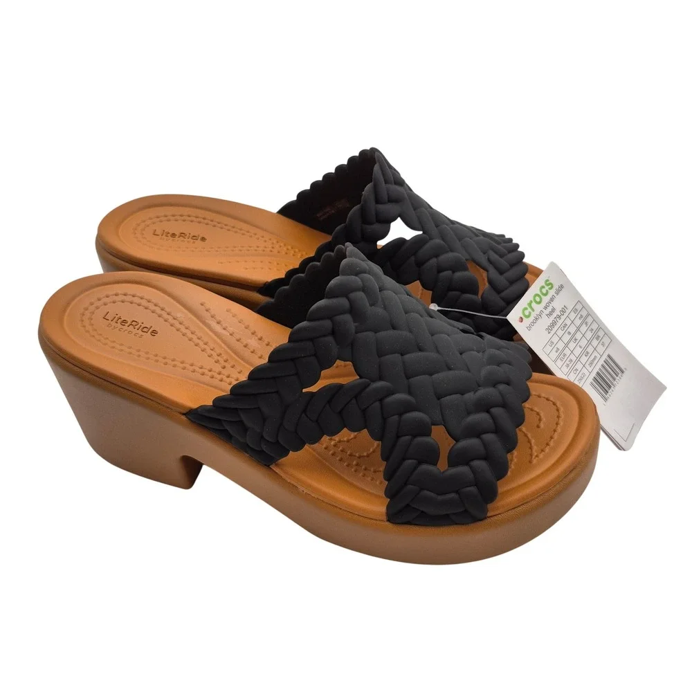 Crocs Brooklyn Woven Slide Heel Platform Sandals Noir Black Women's Size 8 Shoes